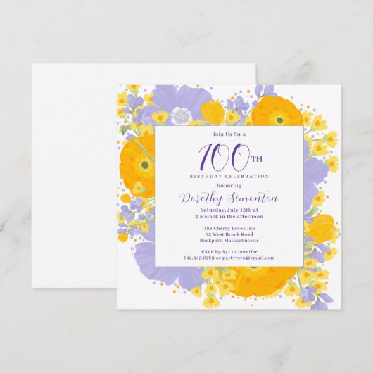 Paarse Sinaasappel Gele Wildbloemen 100e Verjaarda Kaart (Voorkant / Achterkant)