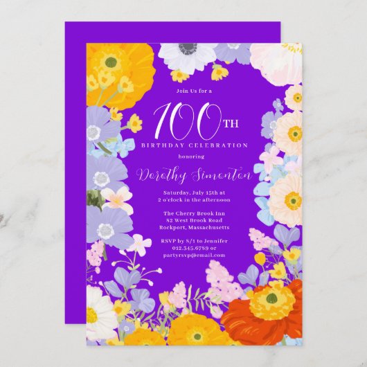 Paarse Sinaasappel Gele Wildbloemen 100e Verjaarda Kaart (Voorkant / Achterkant)