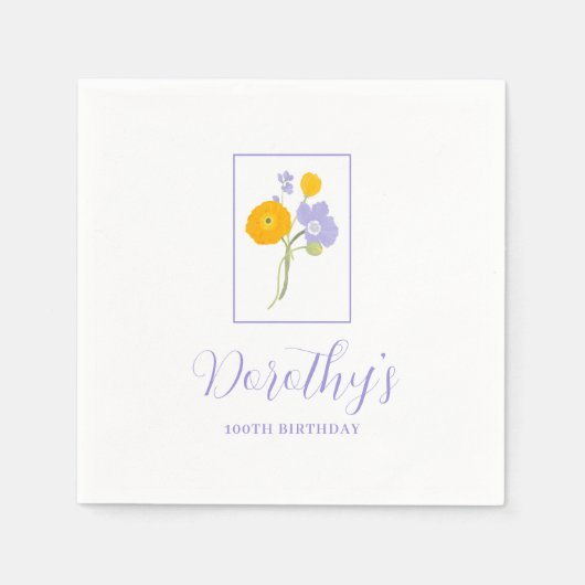 Paarse Sinaasappel Gele Wildbloemen 100e Verjaarda Servet (Voorkant)