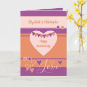 Paarse sinaasappel met harten en bunting jubileum kaart (Gele Bloem)