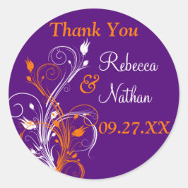 Paarse Sinaasappel White Floral 1,5-inch bruiloft  Ronde Sticker