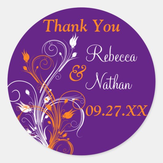 Paarse Sinaasappel White Floral 1,5-inch bruiloft  Ronde Sticker (Voorkant)