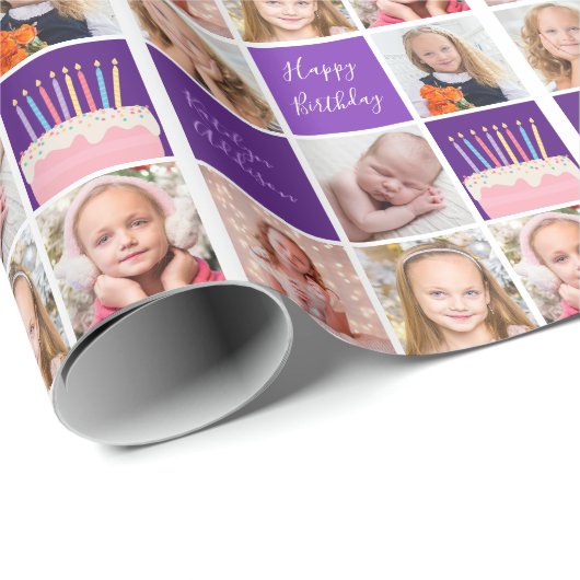 Paarse Sjabloon voor fotocollage Cute Custom Birth Cadeaupapier (Rol Hoek)