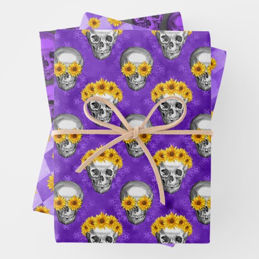 Paarse Skulls en Sunflower Series Design 10 Inpakpapier Vel (In situ)