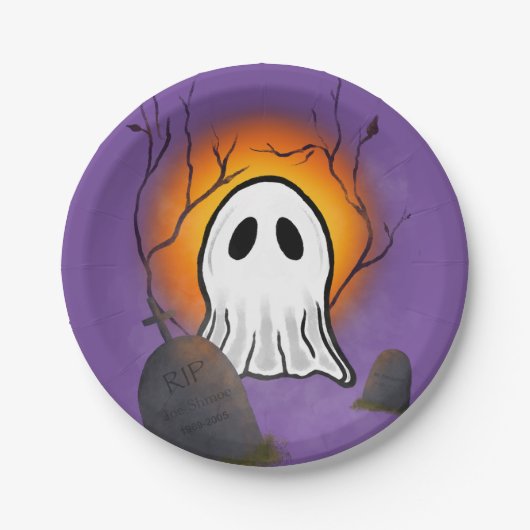 Paarse Sky Sinaasappel Moon Ghost op het kerkhof Papieren Bordje (Voorkant)