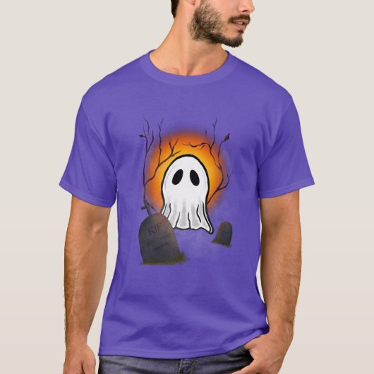 Paarse Sky Sinaasappel Moon Ghost op het kerkhof T-shirt (Voorkant)