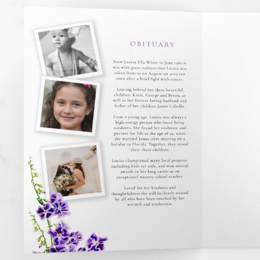 Paarse skybloem drieluik uitnodiging (Binnenzijde eerst)