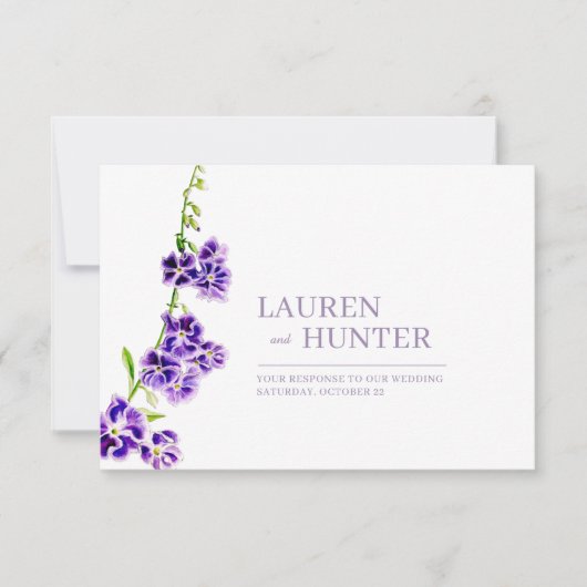 Paarse Skyflower waterverf Maaltijdopties Bruiloft RSVP Kaartje (Voorkant)