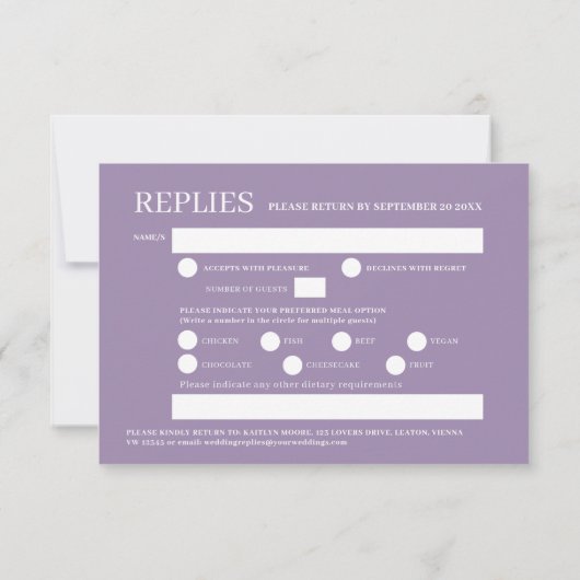 Paarse Skyflower waterverf Maaltijdopties Bruiloft RSVP Kaartje (Achterkant)