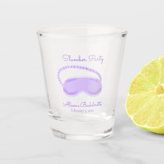 Paarse Slaapmasker Bachelorette Slaapfeestje Shot Glas (Voorkant)