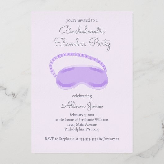 Paarse Slaapmasker Bachelorette Slumber Party Folie Uitnodiging (Voorkant)