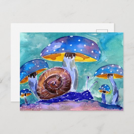 Paarse slak en blauwe paddenstoelen briefkaart (Voorkant / Achterkant)