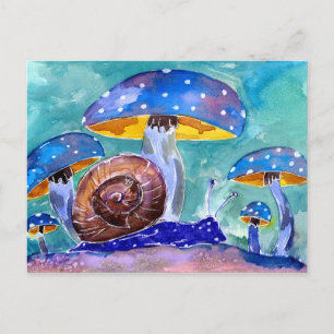 Paarse slak en blauwe paddenstoelen briefkaart