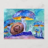 Paarse slak en blauwe paddenstoelen briefkaart (Voorkant)