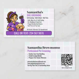 Paarse Slicker Borstel Puppy Verzorgster Meisje QR Visitekaartje