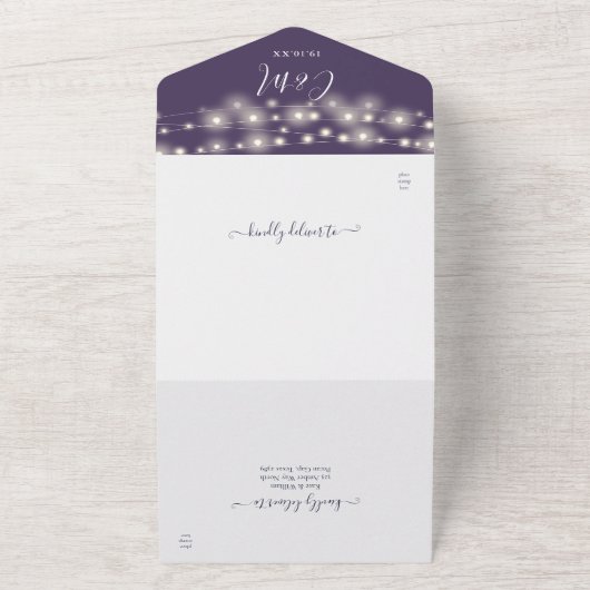 Paarse Slingerlichten Moderne Scriptie Bruiloft All In One Uitnodiging (Buitenkant)