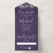 Paarse Slingerlichten Moderne Scriptie Bruiloft All In One Uitnodiging (Binnen)