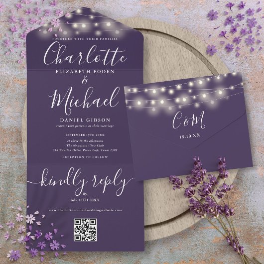 Paarse Slingerlichten QR-code Monogram Bruiloft All In One Uitnodiging