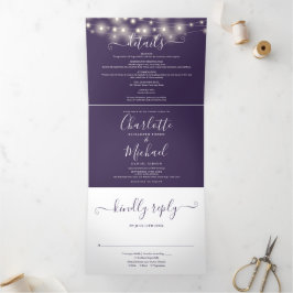 Paarse Slingerlichten Script Monogram Bruiloft Drieluik Uitnodiging