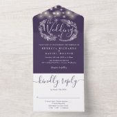 Paarse slingerlichtjes bloemige bloem bruiloft all in one uitnodiging (Binnen)