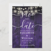 Paarse Slingerlichtjes Rustic Hout Foto Bruiloft  Save The Date (Voorkant)