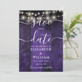 Paarse Slingerlichtjes Rustic Hout Foto Bruiloft  Save The Date (Staand voorkant)