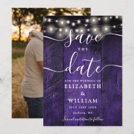 Paarse Slingerlichtjes Rustic Hout Foto Bruiloft Save The Date