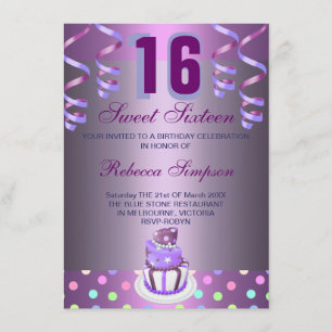 Paarse Sluiers & Cake Sweet 16 Verjaardagsuitnodig Kaart