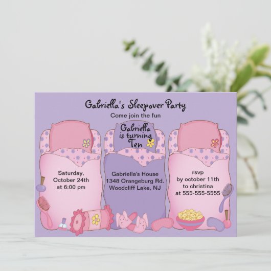 Paarse Slumber Birthday Party Kaart (Staand voorkant)