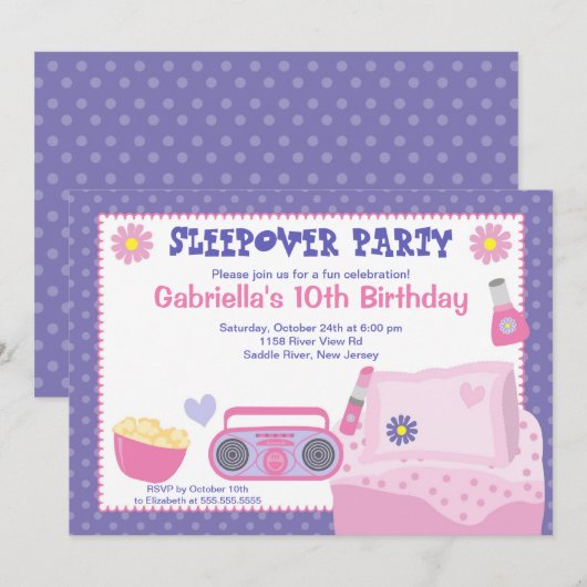 Paarse Slumber Party Fun Birthday Uitnodiging (Voorkant / Achterkant)