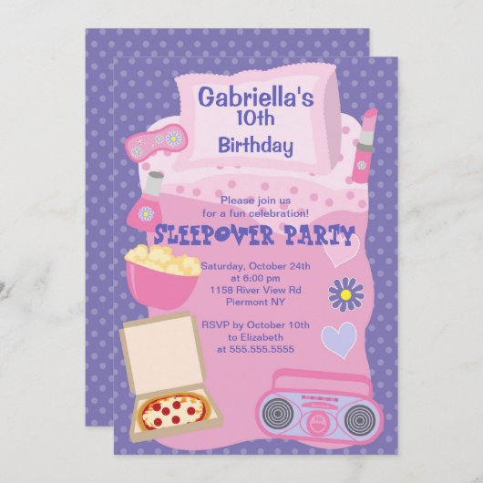 Paarse Slumber Party Fun Birthday Uitnodiging (Voorkant / Achterkant)
