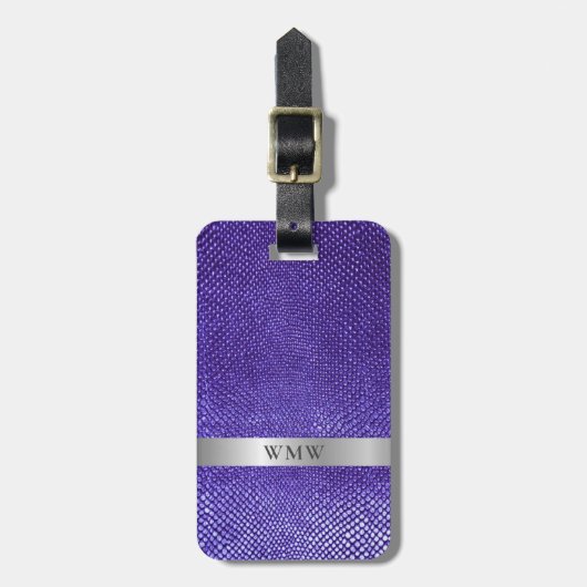 Paarse snakeskin-leder Silver Metal Monogram Bagagelabel (Voorkant verticaal)