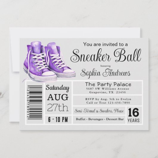 Paarse Sneaker Ball Verjaardagsfeest Schoenenlabel Kaart (Voorkant)