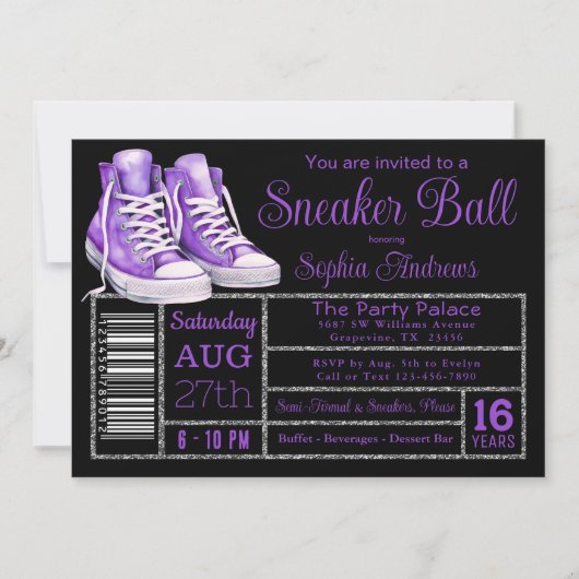 Paarse Sneaker Ball Verjaardagsfeest Schoenenlabel Kaart (Voorkant)