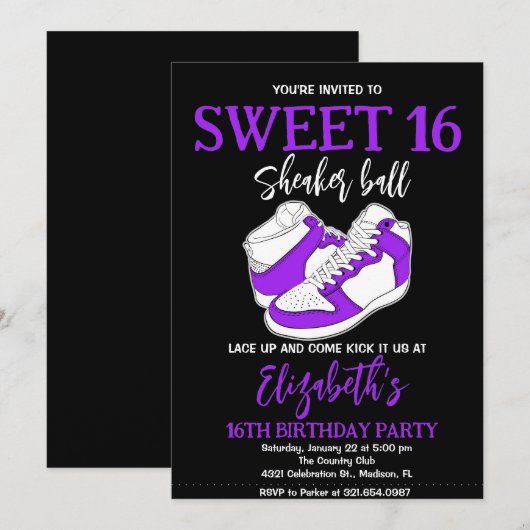 Paarse sneaker bash verjaardagsfeestje kaart (Voorkant / Achterkant)