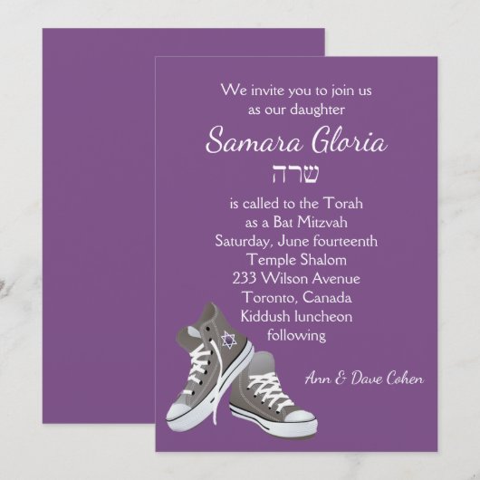 Paarse Sneakers Bat Mitzvah Uitnodiging met Sarah (Voorkant / Achterkant)