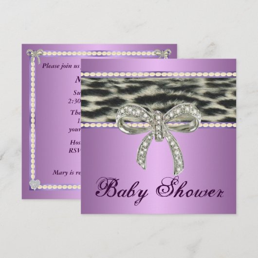 Paarse sneeuw Leopard Diamond Bow Baby shower Invi Kaart (Voorkant / Achterkant)