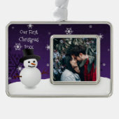 Paarse sneeuwpop winterscène eerst ingelijst verzilverd omlijst ornament (Voorkant)