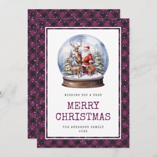 Paarse sneeuwrijke vrolijke kerstman feestdagenkaart (Voorkant / Achterkant)