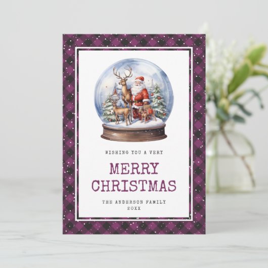 Paarse sneeuwrijke vrolijke kerstman feestdagenkaart (Staand voorkant)