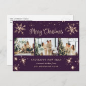 Paarse Sneeuwvlok 3 Fotocollage Feestdagenkaart (Voorkant / Achterkant)