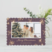 Paarse Sneeuwvlok Foto Vrolijke Kerstmis Kaart (Staand voorkant)