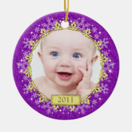 Paarse sneeuwvlokken Baby's eerste kerstfoto Keramisch Ornament