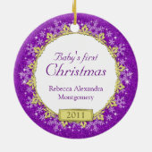 Paarse sneeuwvlokken Baby's eerste kerstfoto Keramisch Ornament (Achterkant)