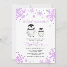 Paarse sneeuwvlokken pinguïn Baby shower Kaart