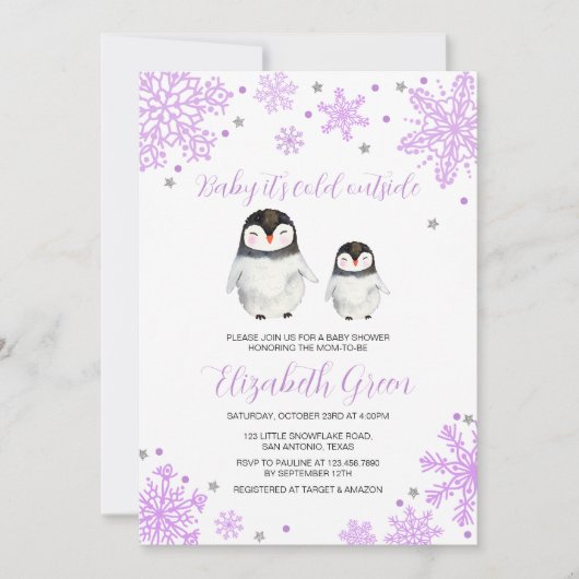 Paarse sneeuwvlokken pinguïn Baby shower Kaart (Voorkant)