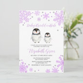 Paarse sneeuwvlokken pinguïn Baby shower Kaart (Staand voorkant)