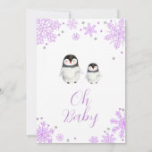 Paarse sneeuwvlokken pinguïn Baby shower Kaart (Achterkant)