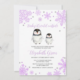 Paarse sneeuwvlokken pinguïn Baby shower Kaart