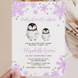Paarse Sneeuwvlokken Pinguïn Baby Shower Kaart